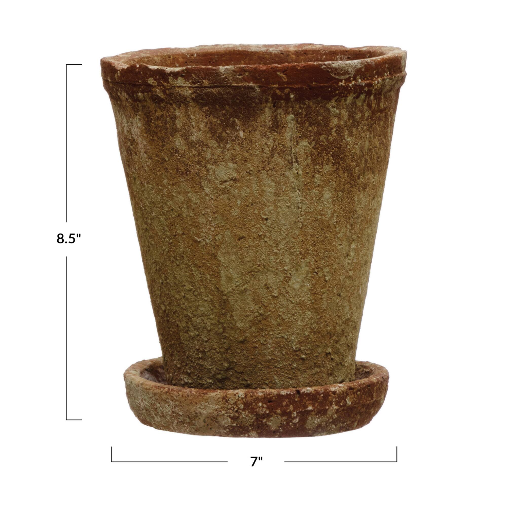 Hello Honey® 7" Distressed Terra Cotta Cement Planter with Saucer Set